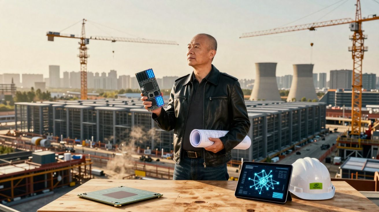 Homem em obra segura placa eletrônica e planta, com capacete e tablet sobre mesa de madeira.