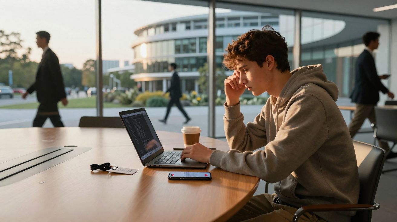 Jovem sentado em mesa usa laptop em ambiente moderno com pessoas caminhando ao fundo.