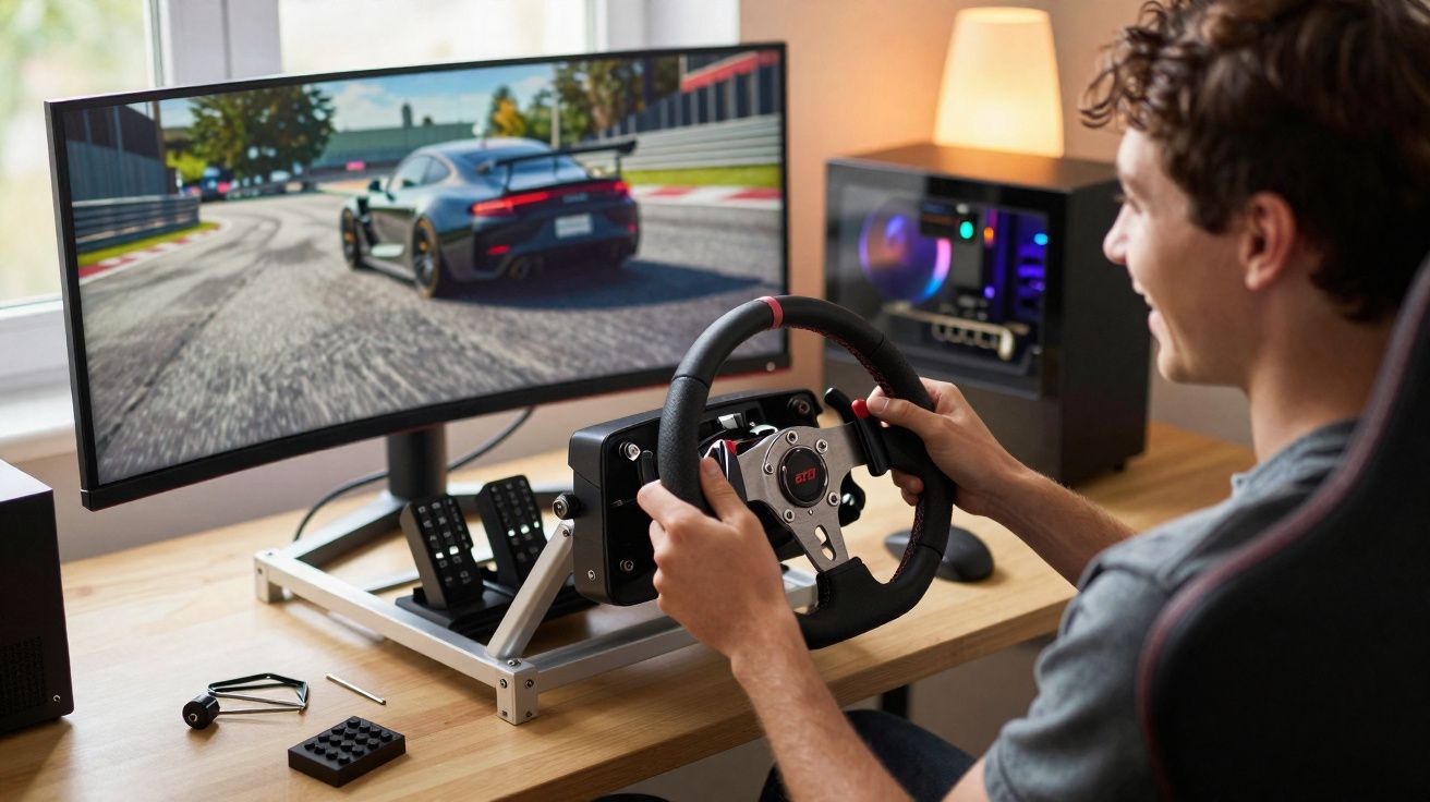 Pessoa joga videogame de corrida usando volante e pedais em computador com monitor amplo em ambiente interno.