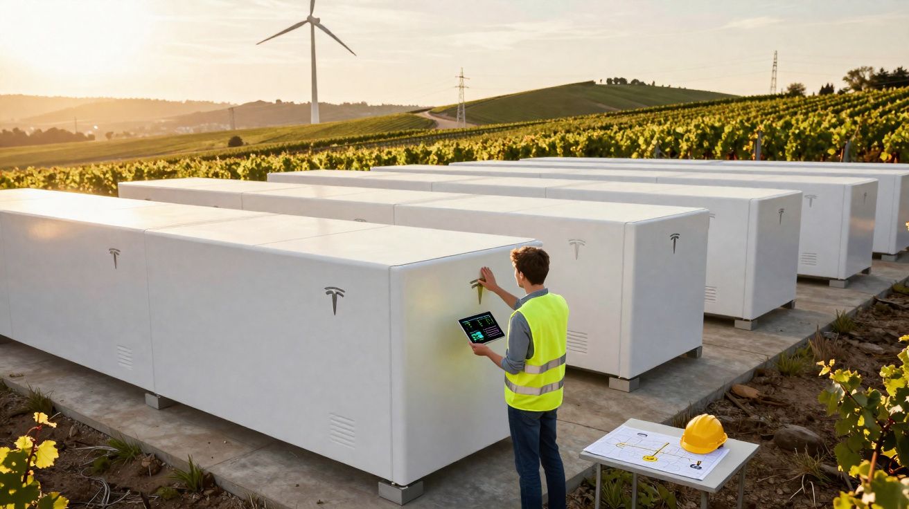 Homem em colete refletivo inspeciona sistemas de armazenamento de energia ao ar livre com turbina eólica ao fundo.