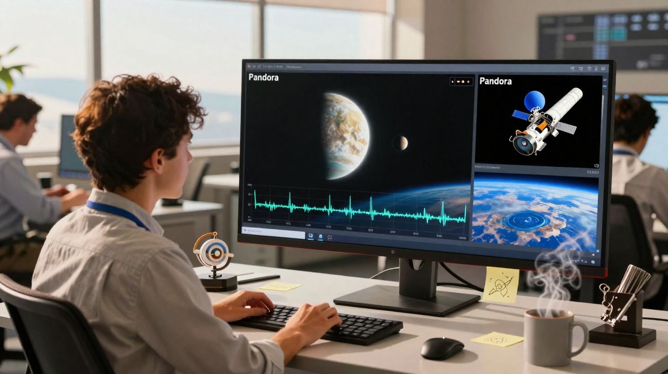 Pessoa trabalha em estação espacial, monitorando dados e imagens de satélite em grande tela de computador.