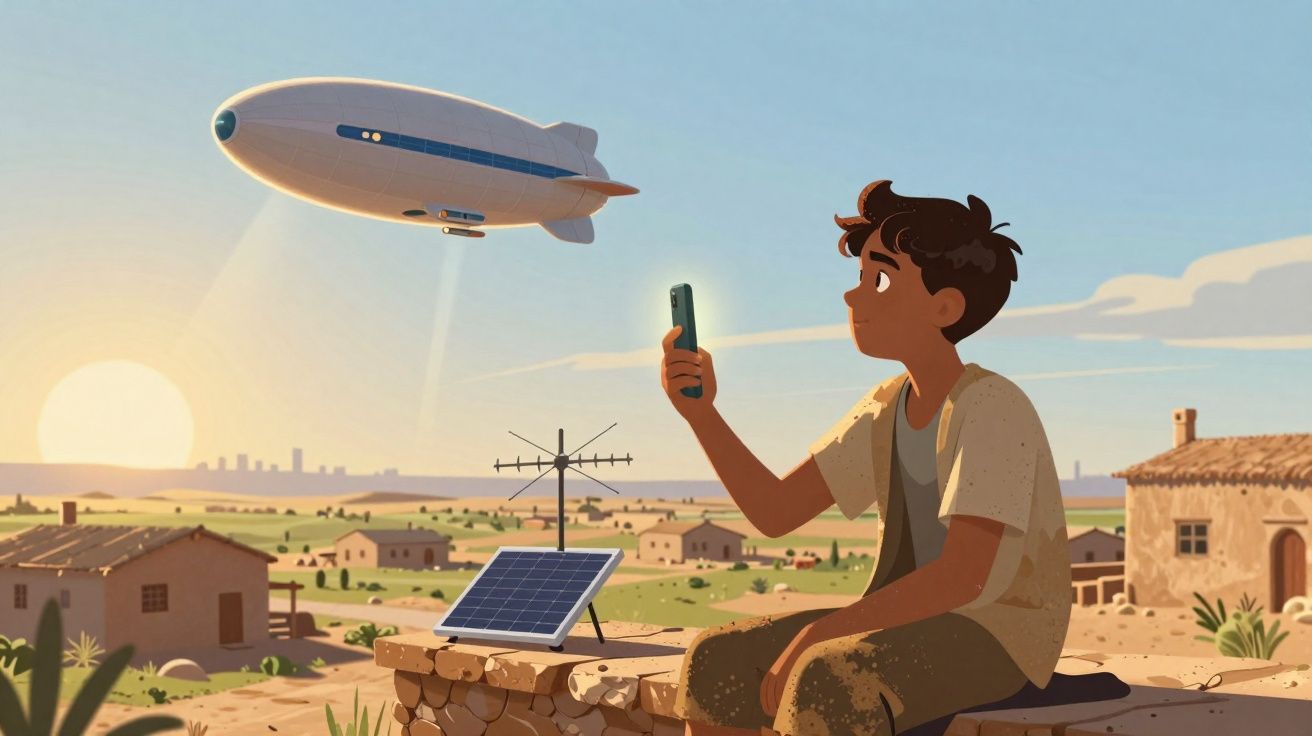 Garoto sentado em área rural ao pôr do sol segurando celular, observando um dirigível voando no céu.