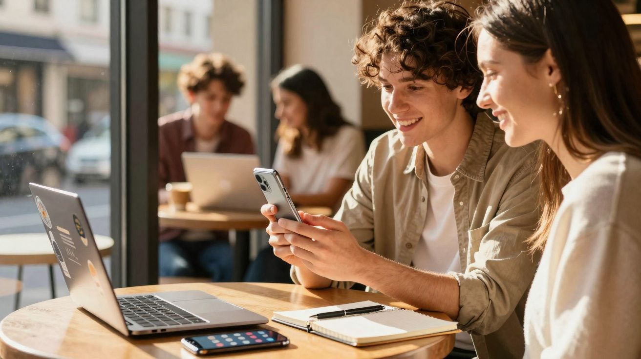 Jovens sorrindo em café, usando celular e laptop para estudo ou trabalho.