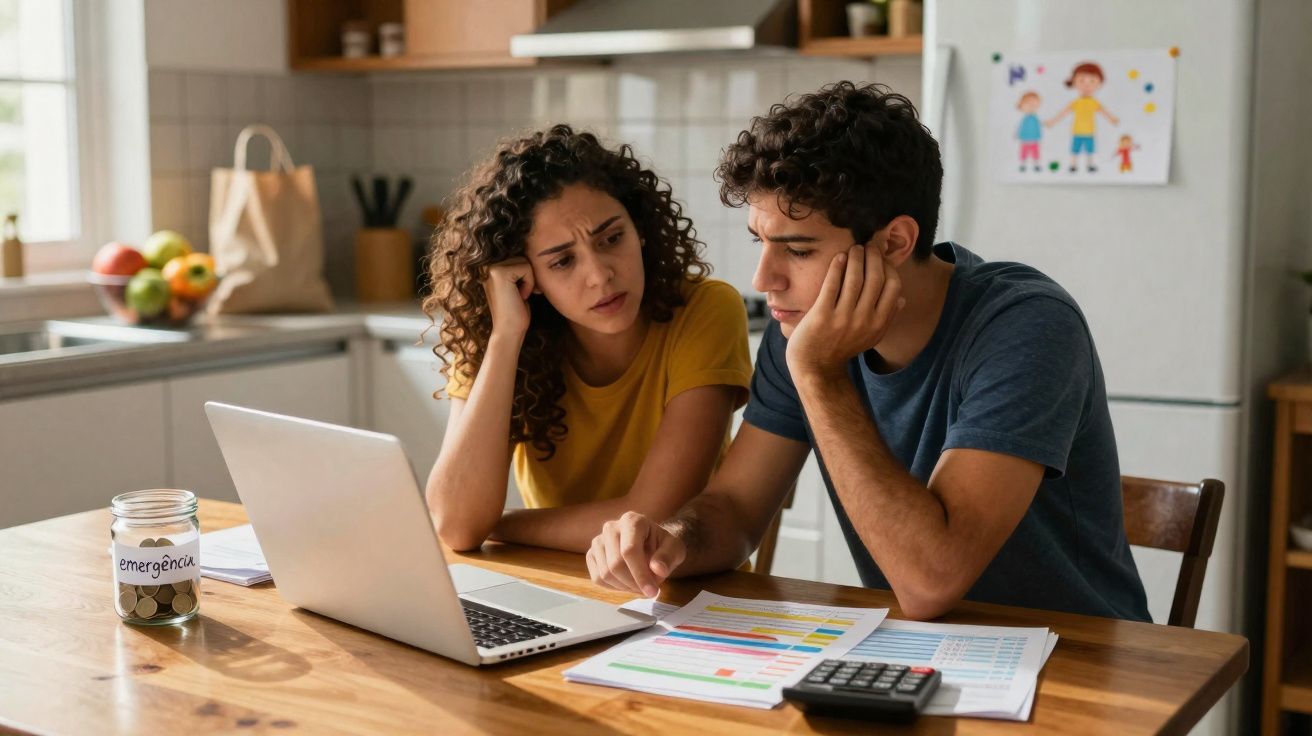 Casal jovem preocupado analisando contas e orçamento na cozinha com laptop, calculadora e pote de emergência.