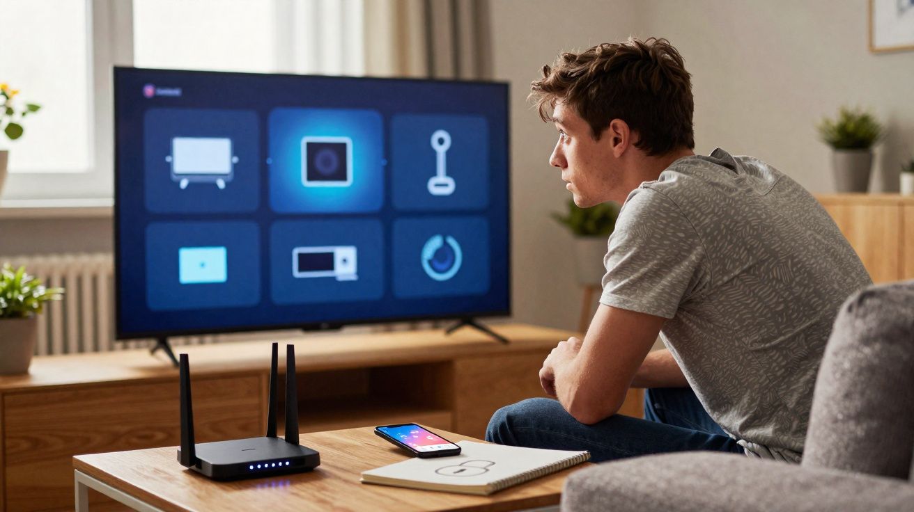 Homem sentado no sofá ajustando configurações de dispositivos inteligentes na TV.