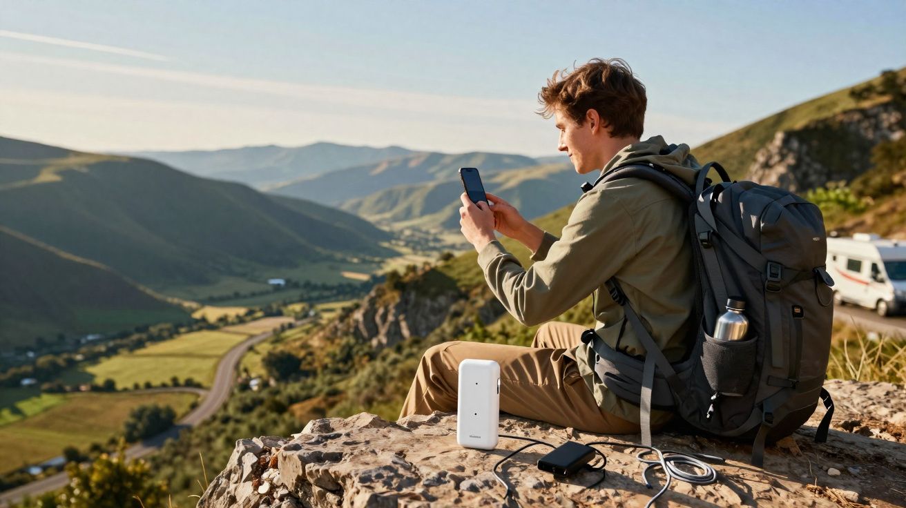 Homem com mochila usa celular sentado em pedra com vista para montanhas e vale ensolarado.