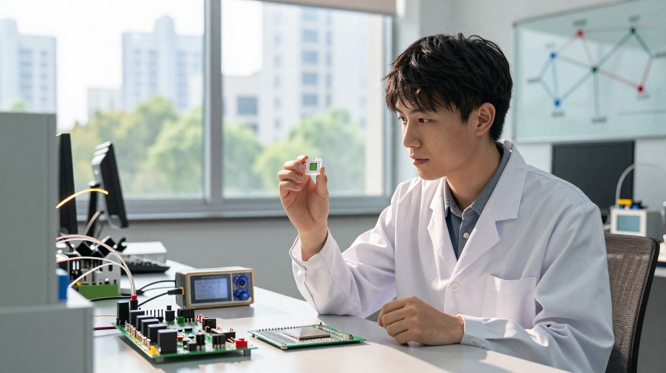 Homem jovem de jaleco branco analisa componente eletrônico em laboratório de tecnologia.