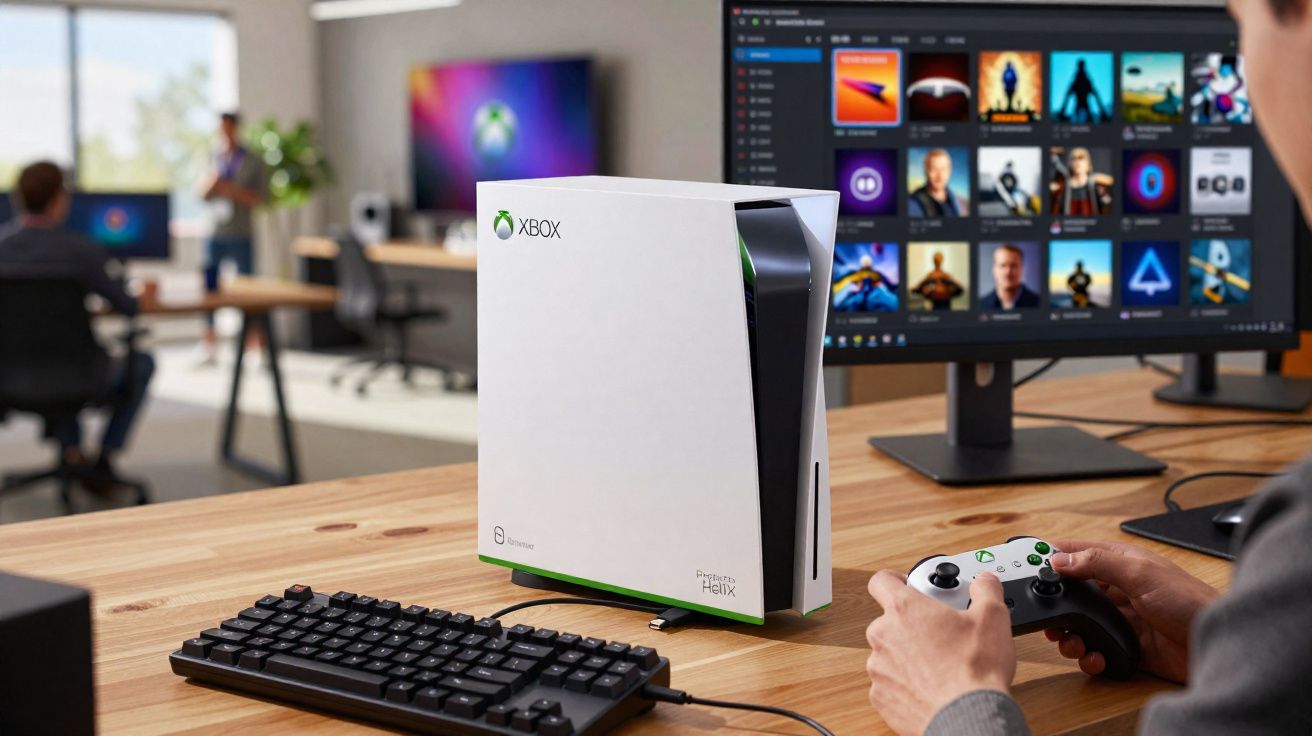 Console Xbox Series S com controle em mãos de pessoa, teclado e monitor exibindo jogos no fundo.