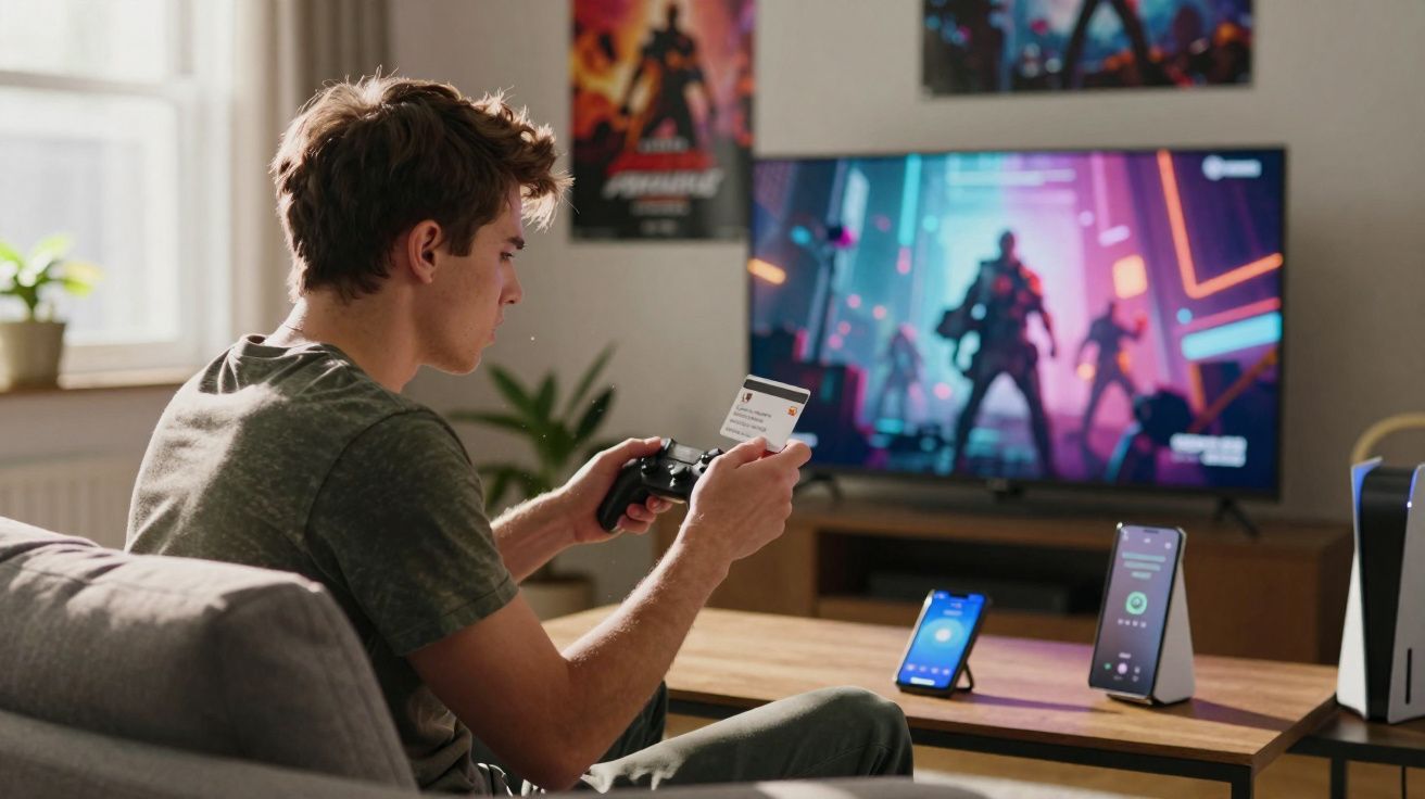Jovem com controle de videogame na mão confere cartão de crédito na sala com TV e dispositivos eletrônicos.