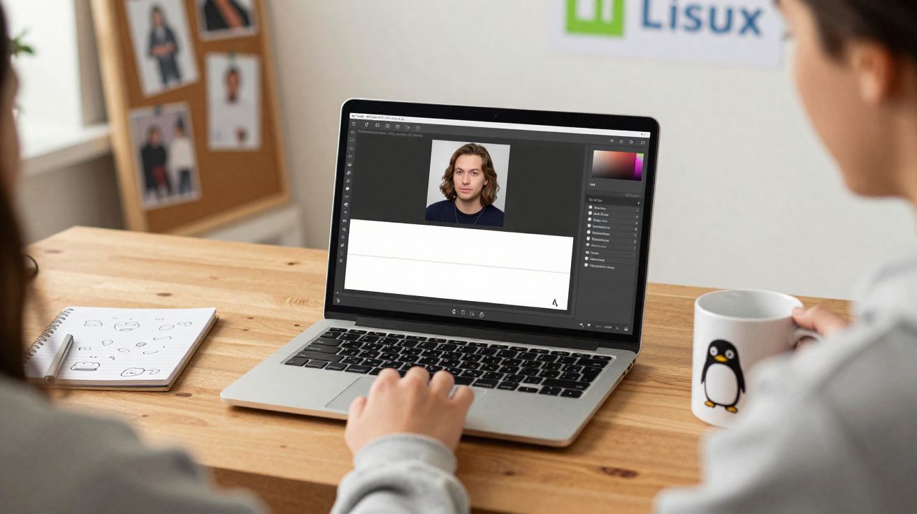 Pessoa usando notebook com edição de foto em ambiente de trabalho com caneca e caderno ao lado.