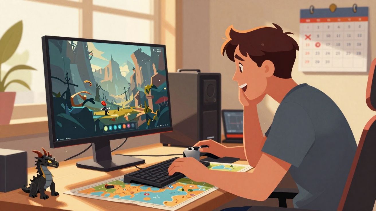 Jovem jogando videogame no computador com controle, em ambiente iluminado e decorado com dragão de brinquedo.
