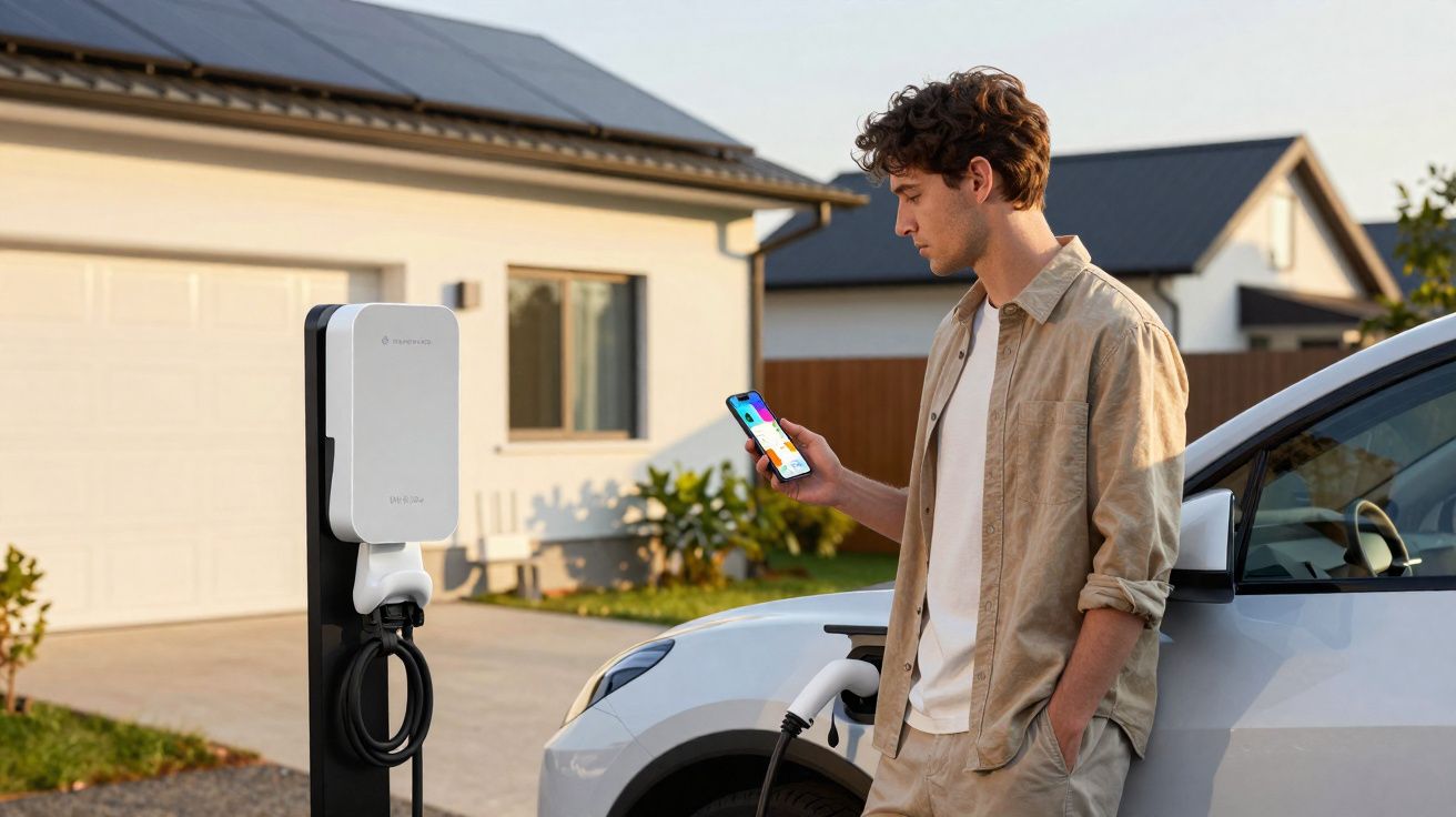 Homem usando celular ao lado de carro elétrico conectado a estação de recarga em casa.