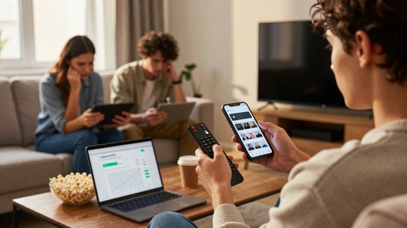 Três jovens usando dispositivos eletrônicos em uma sala com laptop, smartphone, tablet e TV ligada.