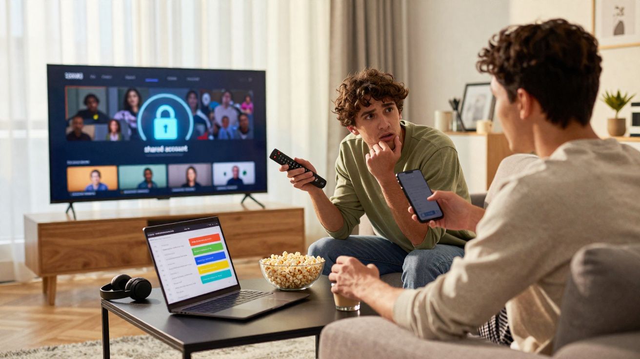 Dois jovens sentados na sala com laptop, celular, controle remoto e tigela de pipoca, olhando para a TV.