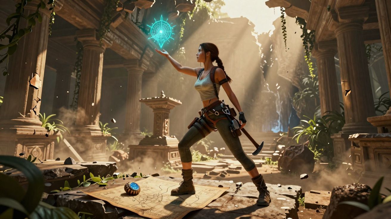 Aventureira em ruínas antigas interage com um mapa holográfico flutuante em ambiente iluminado pelo sol.