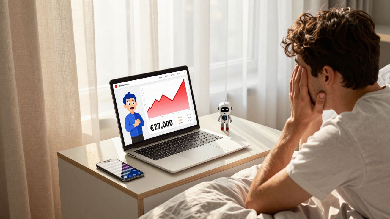 Pessoa sentada na cama olhando para gráfico de crescimento com valor em euros no notebook sobre mesa.