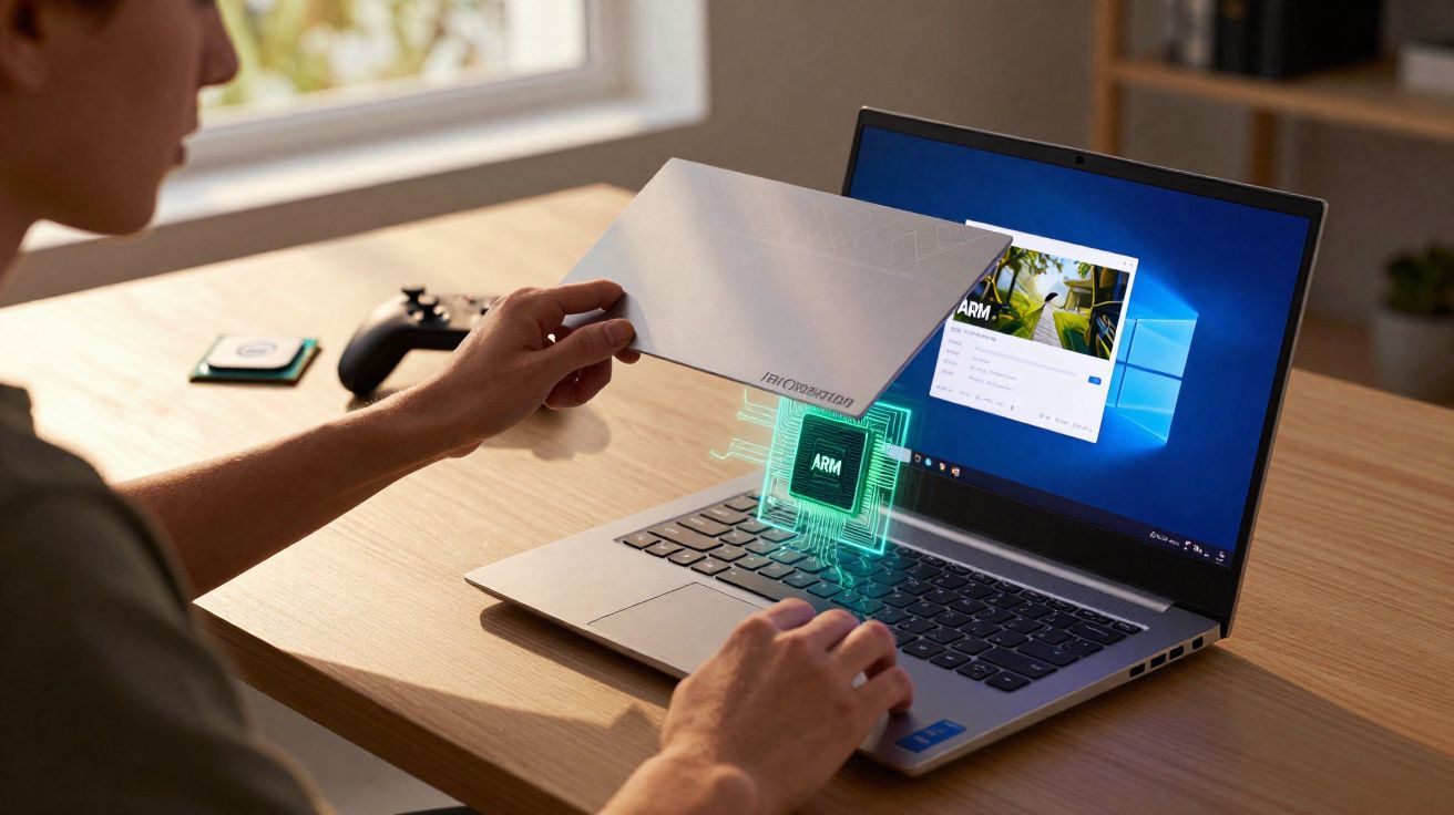 Pessoa inserindo chip holográfico ARM em laptop aberto sobre mesa de madeira clara.