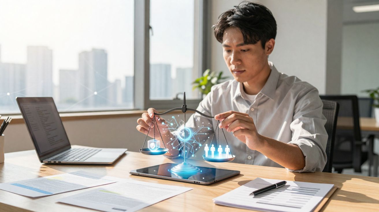 Jovem homem mexe em balança holográfica digital em tablet, sentado à mesa com laptop e documentos.