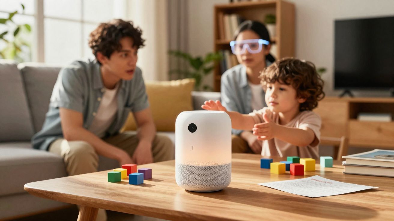 Dispositivo inteligente em mesa de madeira com blocos coloridos e família ao fundo em sala de estar iluminada.