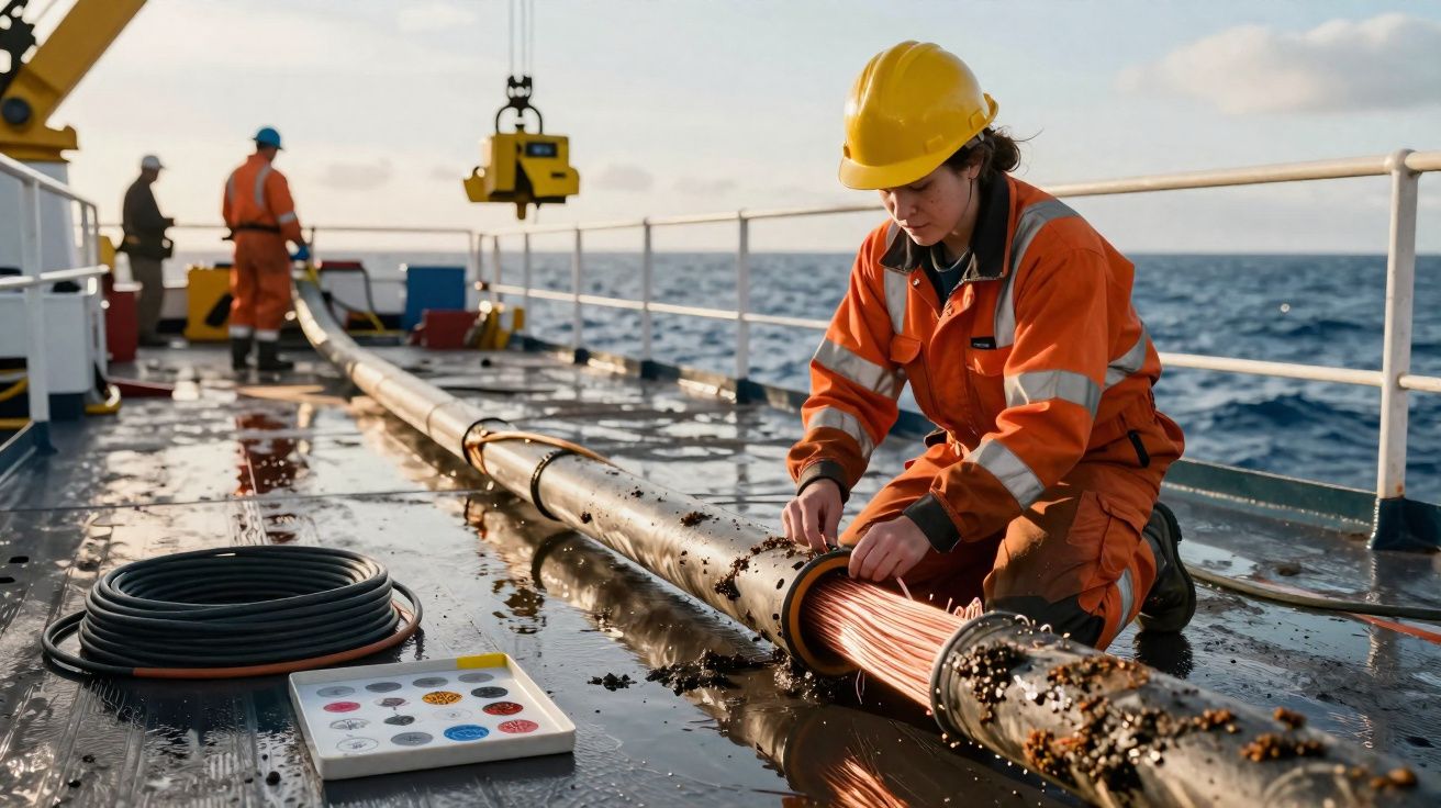 Mulher com capacete amarelo e macacão laranja trabalhando em cabo submarino em navio no mar.