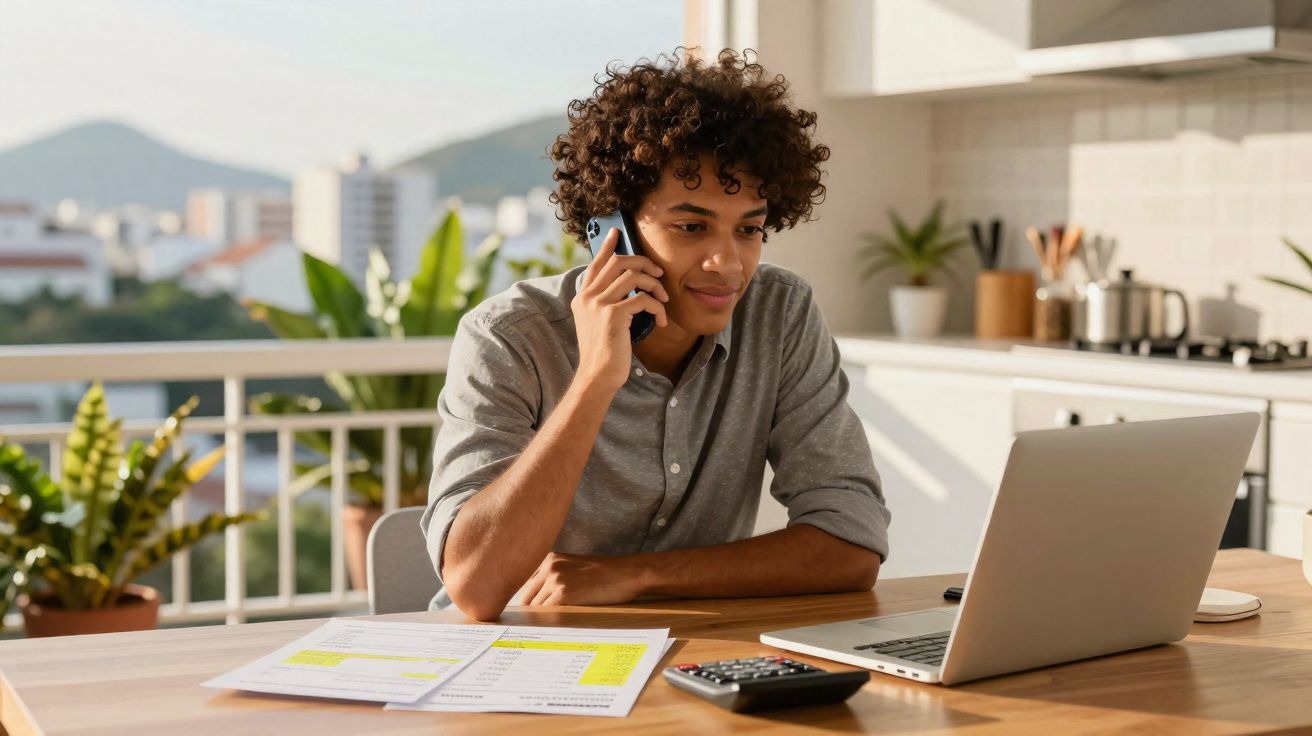 Jovem conversando ao telefone enquanto trabalha com laptop e documentos em mesa numa cozinha iluminada.
