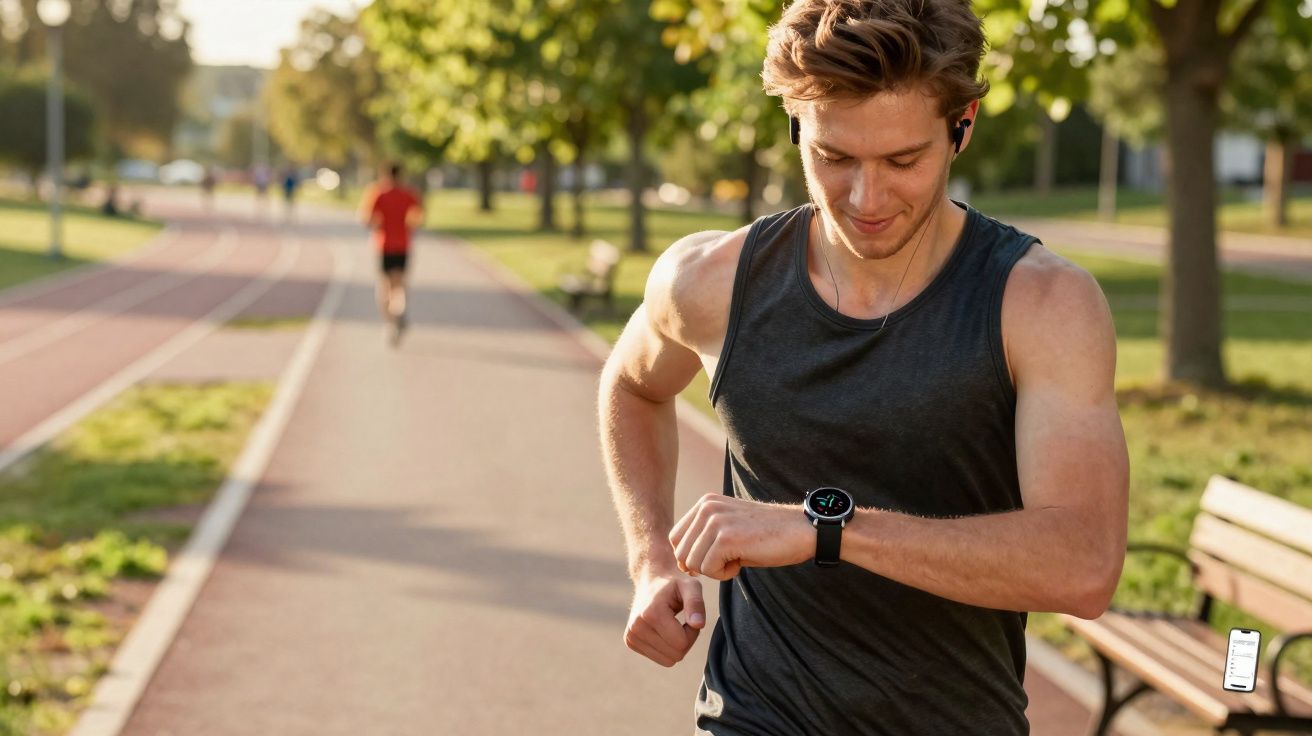 Homem correndo em parque olhando smartwatch, usando fone de ouvido e camiseta regata preta.