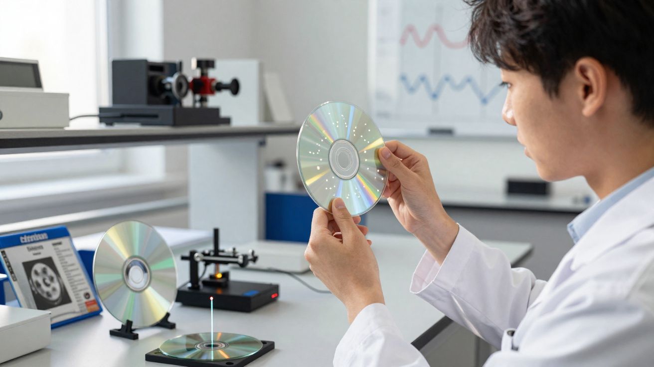Pesquisador em laboratório segurando e analisando um disco óptico transparente, com equipamentos ao redor.