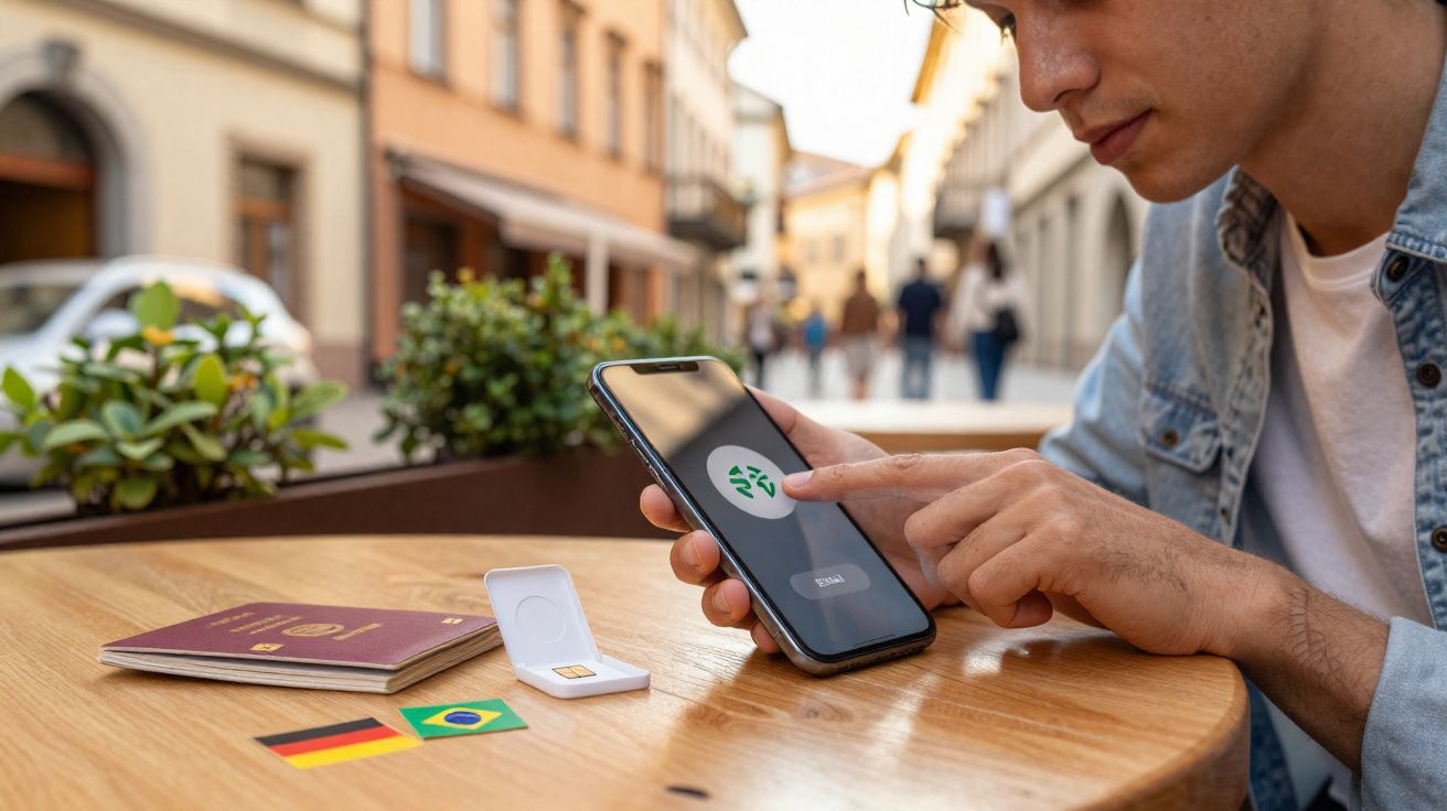 Homem usando celular para ativar um eSIM com passaporte brasileiro e bandeiras da Alemanha e Brasil sobre mesa.