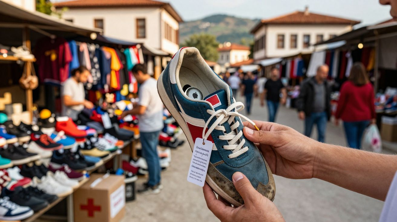 Pessoa segurando um tênis sujo com etiqueta em feira de calçados ao ar livre em dia ensolarado.