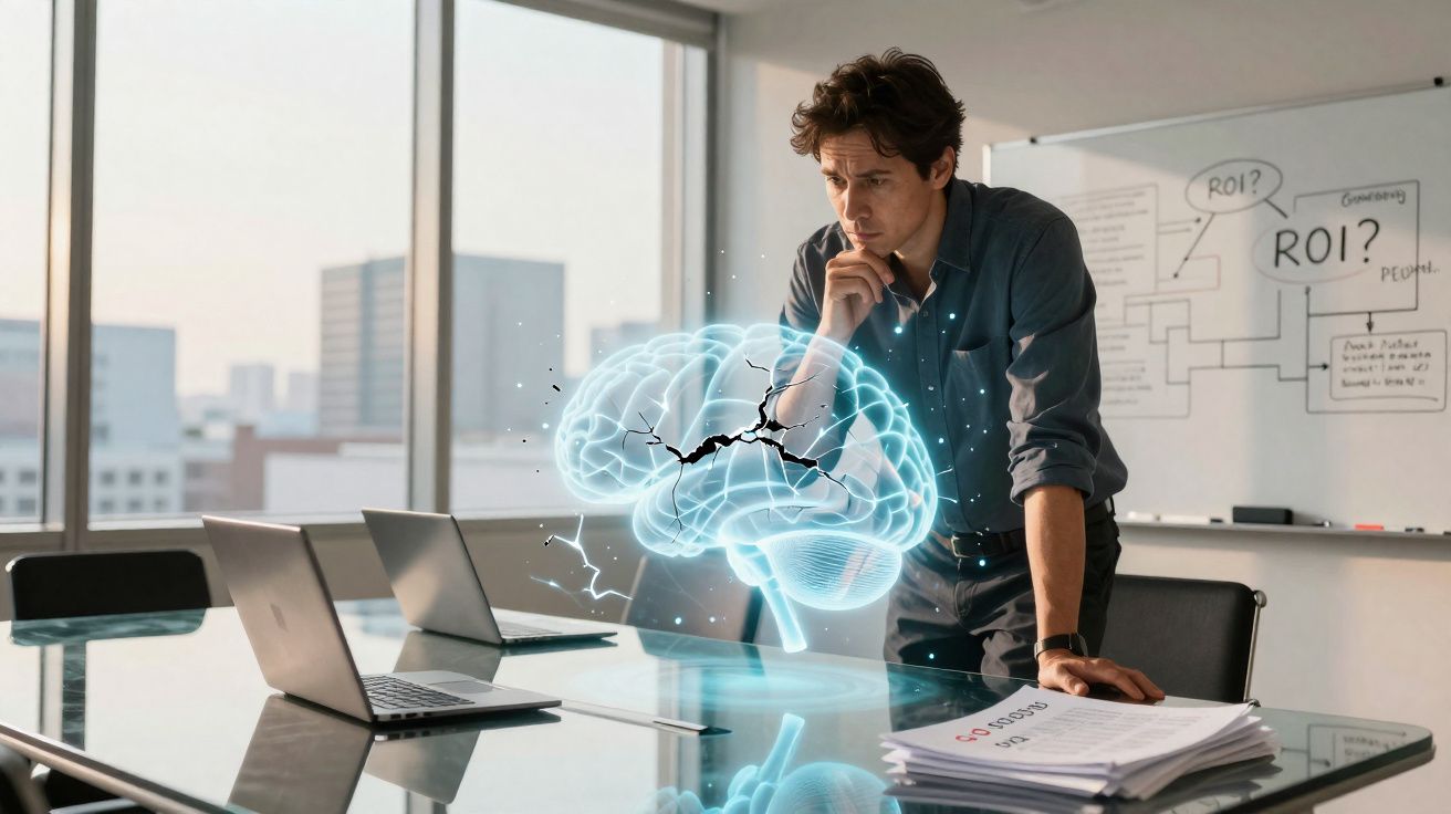 Homem pensativo em escritório com holograma de cérebro rachado sobre a mesa de vidro.