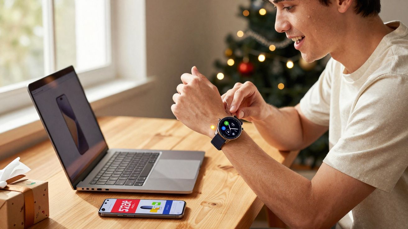 Jovem sorridente usando relógio inteligente enquanto trabalha em laptop em mesa de madeira próxima a árvore de Natal.