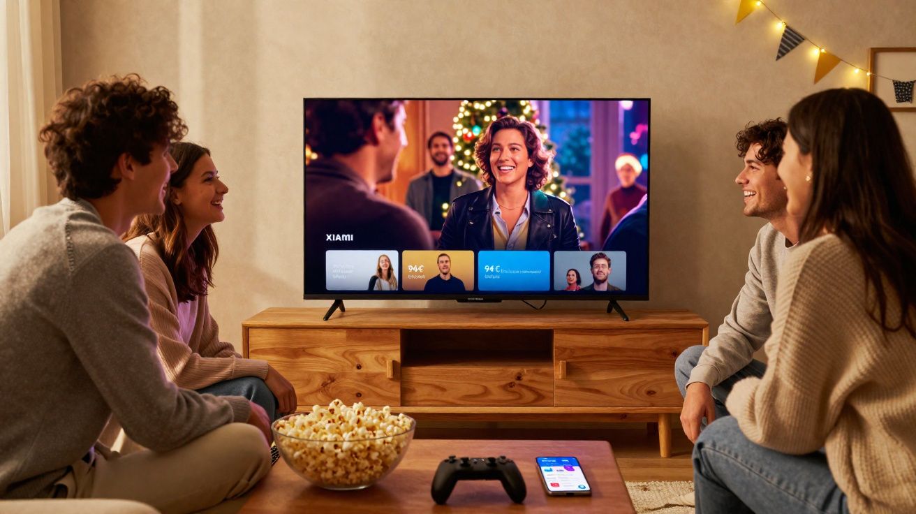 Quatro jovens assistindo a filme na TV, com bacia de pipoca e controle na mesa da sala aconchegante.