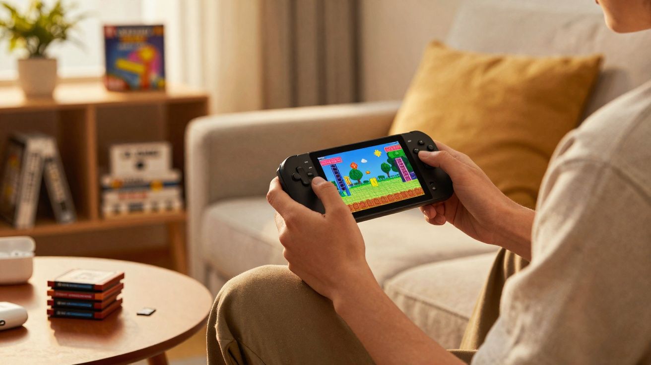 Pessoa jogando videogame portátil com jogo de plataforma colorido em sala de estar aconchegante.