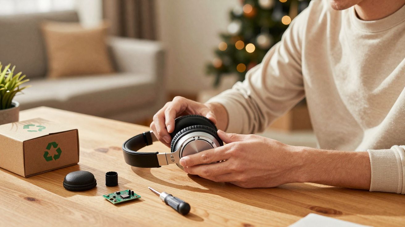 Pessoa consertando fone de ouvido com peças e ferramenta sobre mesa de madeira em ambiente aconchegante.