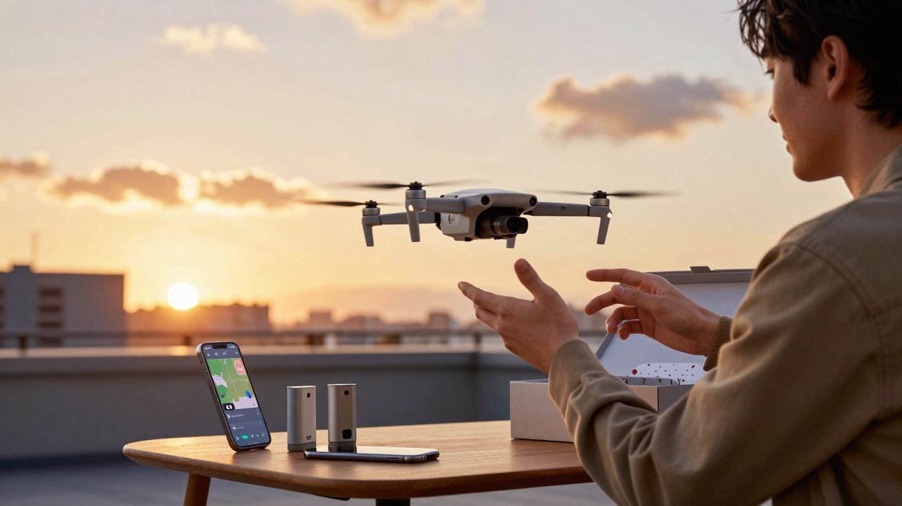 Pessoa controlando um drone voando próximo a uma mesa com celular e acessórios ao pôr do sol.