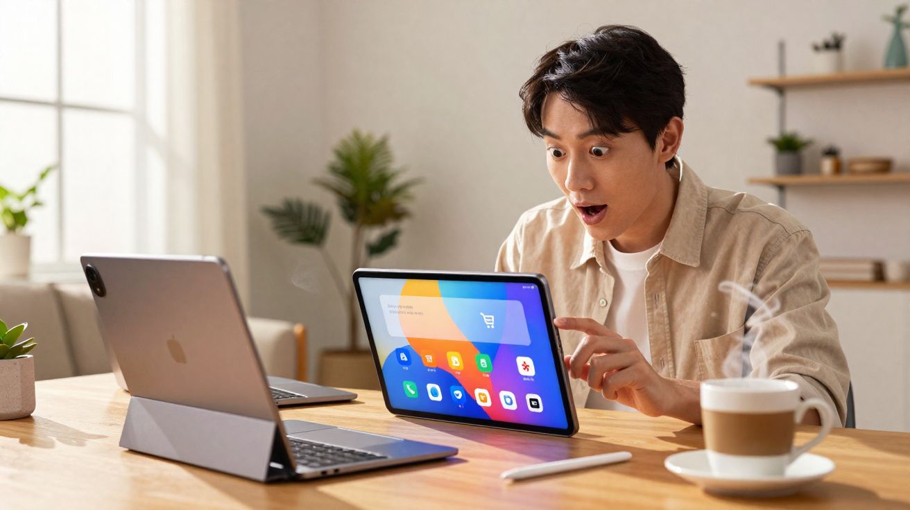 Jovem surpreso usando tablet em mesa com laptop, caneta e xícara de café em ambiente doméstico.