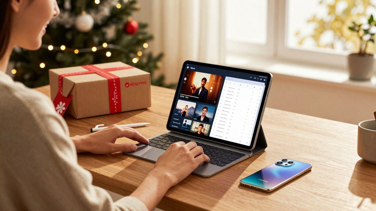 Pessoa participando de reunião virtual em tablet com teclado durante o Natal na mesa de madeira.