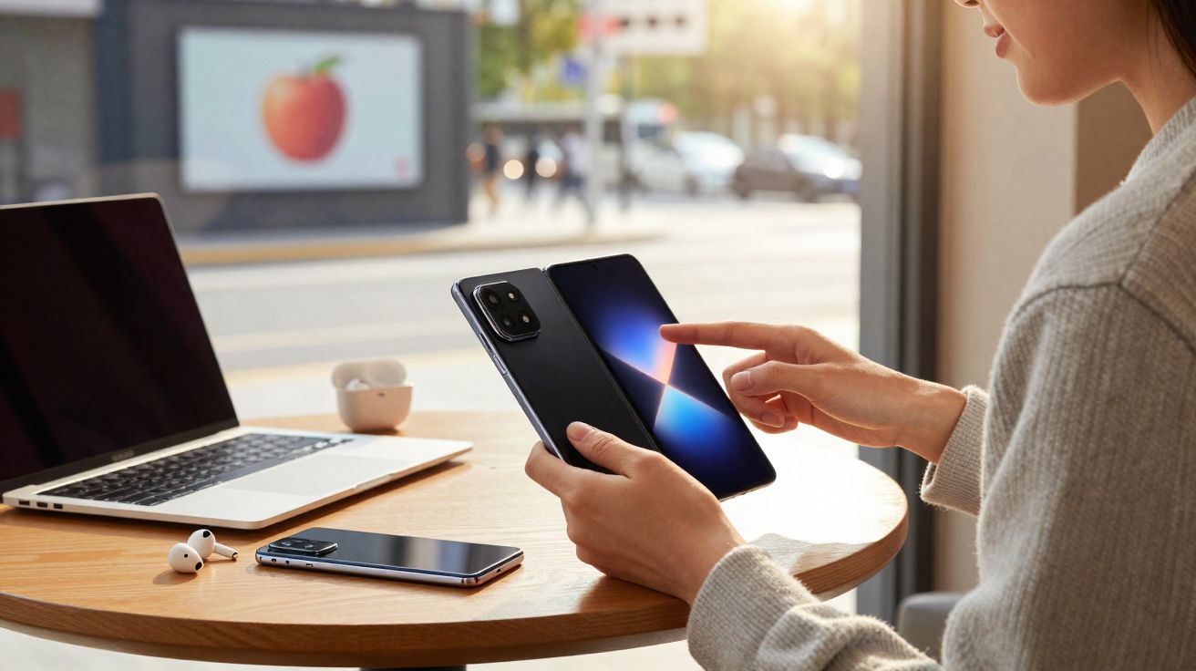 Pessoa usando celular dobrável com tela grande em mesa com laptop, fones e outro celular ao fundo.