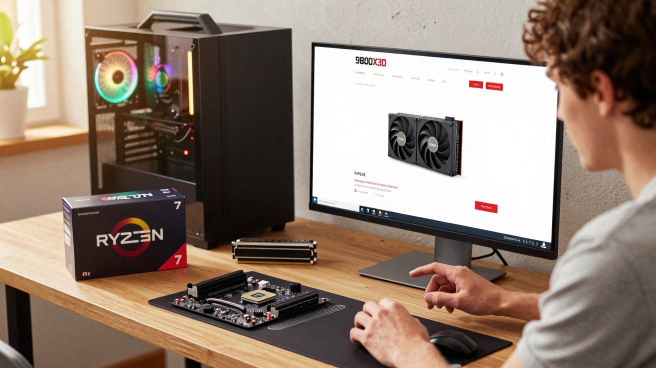 Pessoa montando PC com peças Ryzen e placa de vídeo, computador aberto, monitor exibindo site 9800X3D.