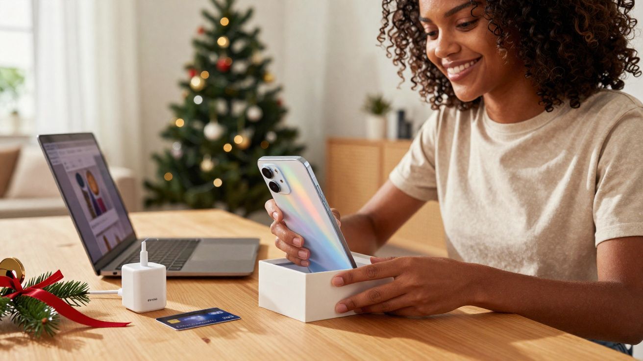 Mulher sorrindo desembrulha celular novo em mesa com notebook, cartão e enfeite natalino ao fundo.