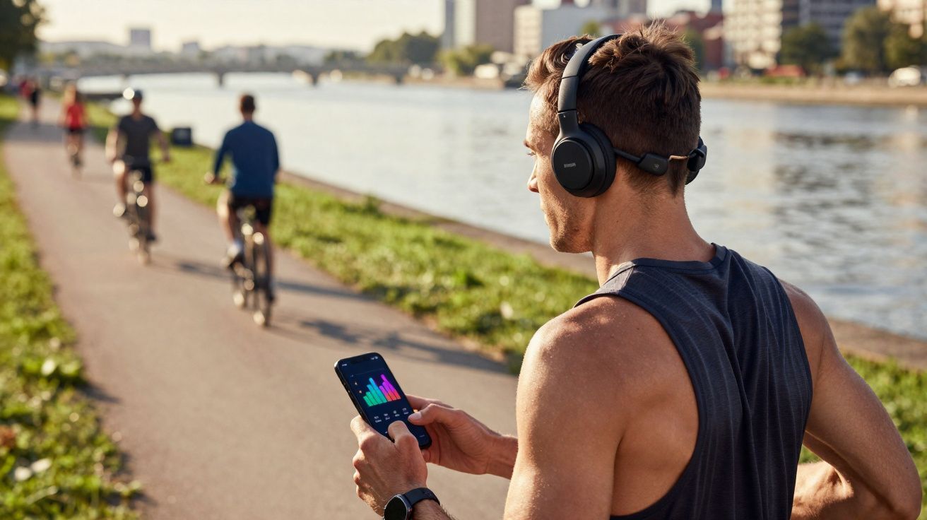 Homem com fones de ouvido e celular, em trilha ao lado de rio, com ciclistas ao fundo.