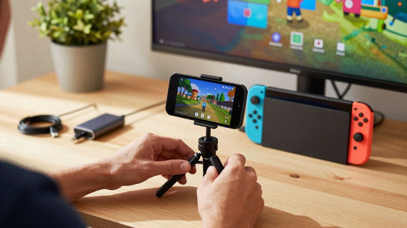 Pessoa ajustando smartphone em tripé para jogar videogame com console Nintendo Switch na mesa.