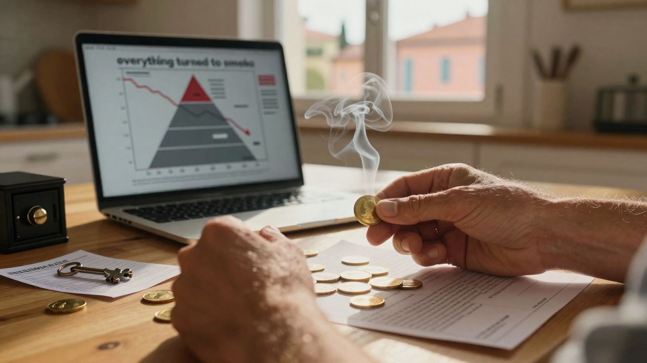 Pessoa segurando moeda fumegante sobre mesa com moedas, documentos e laptop exibindo gráfico em casa.