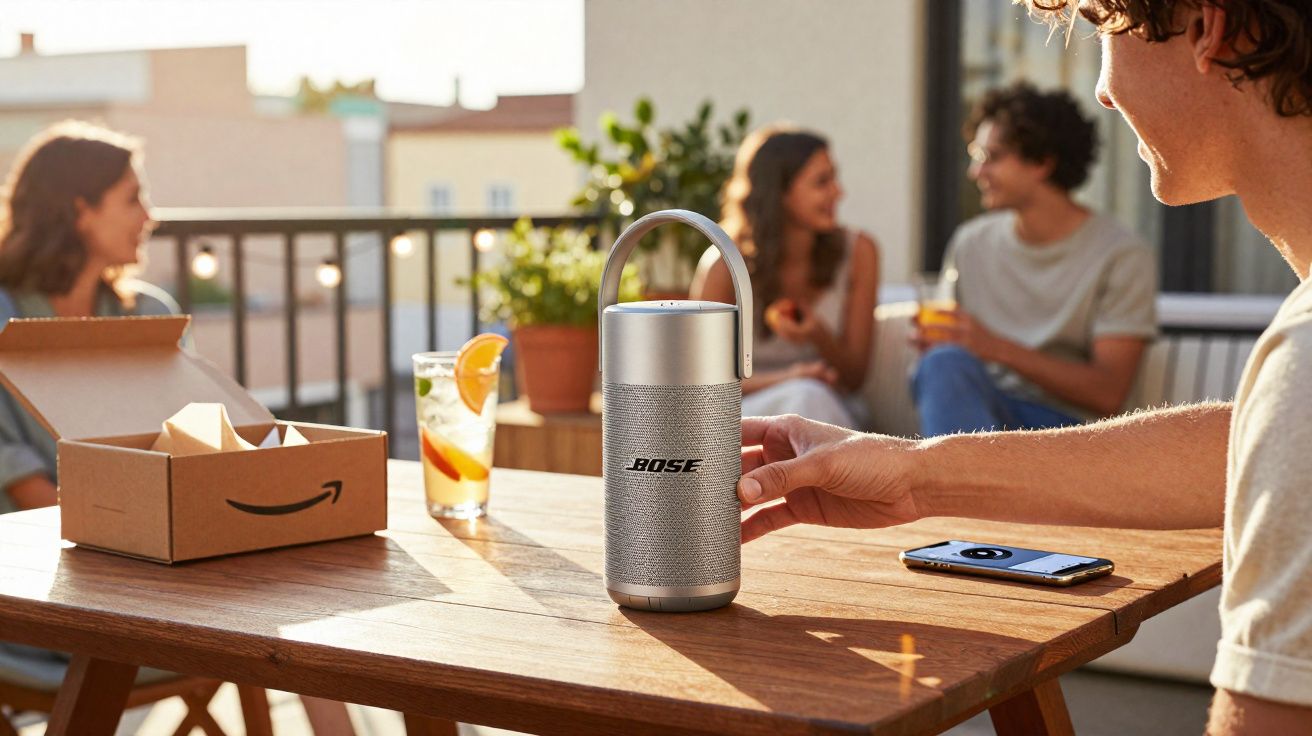 Alto-falante portátil Bose em mesa de madeira com pessoas conversando ao fundo em área externa.