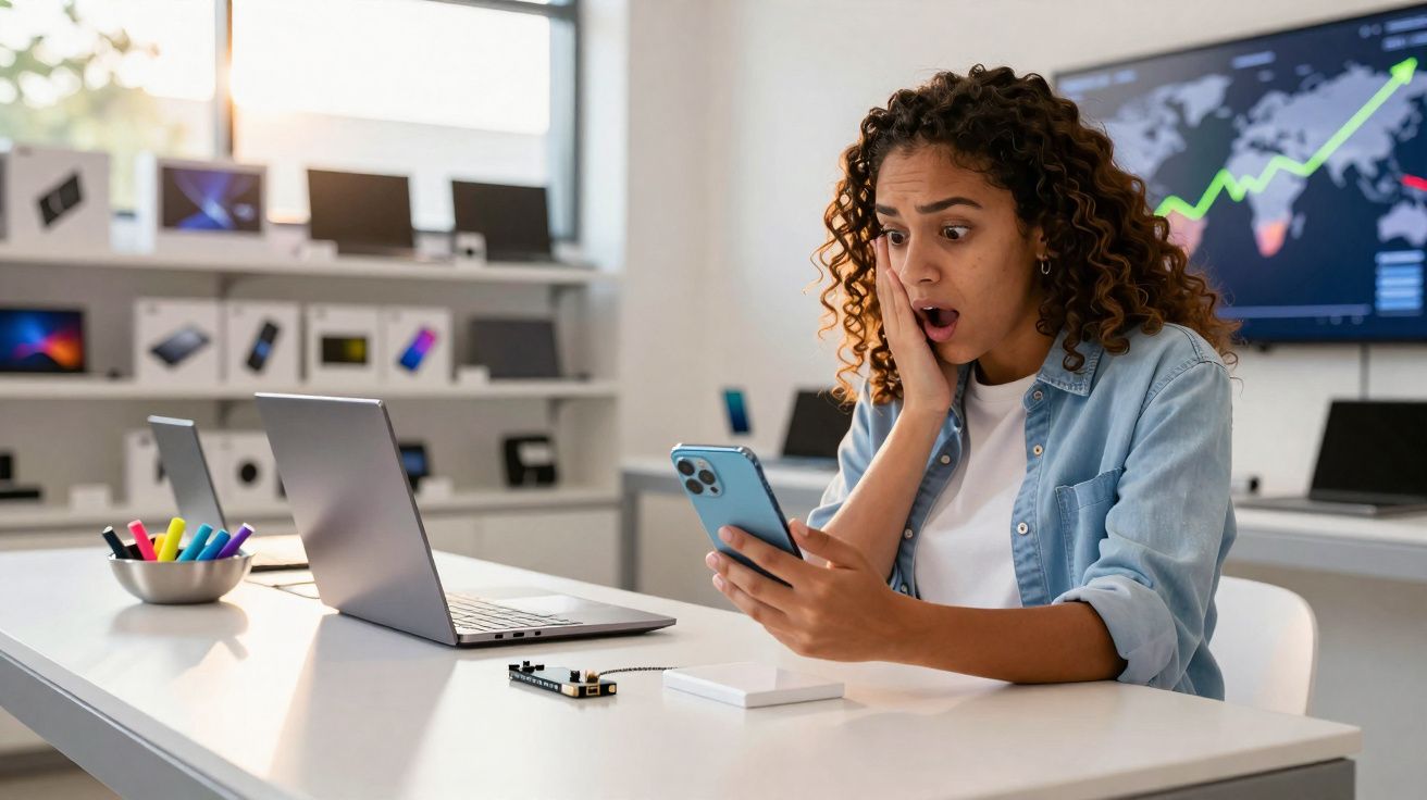 Mulher surpresa olhando para celular em mesa com notebook e canetas, em escritório moderno.