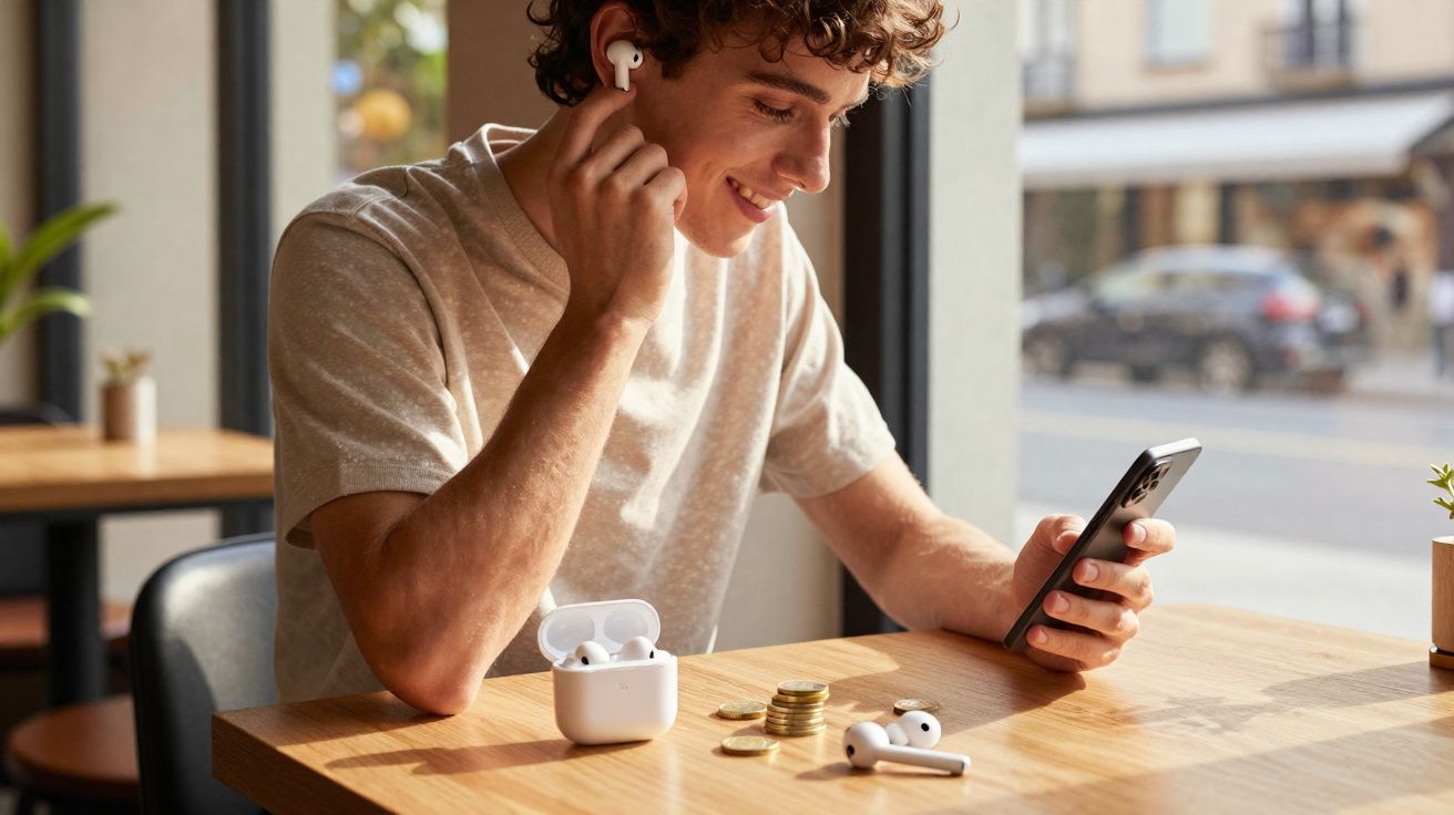 Jovem sorridente colocando fone de ouvido sem fio enquanto segura smartphone em mesa de café.