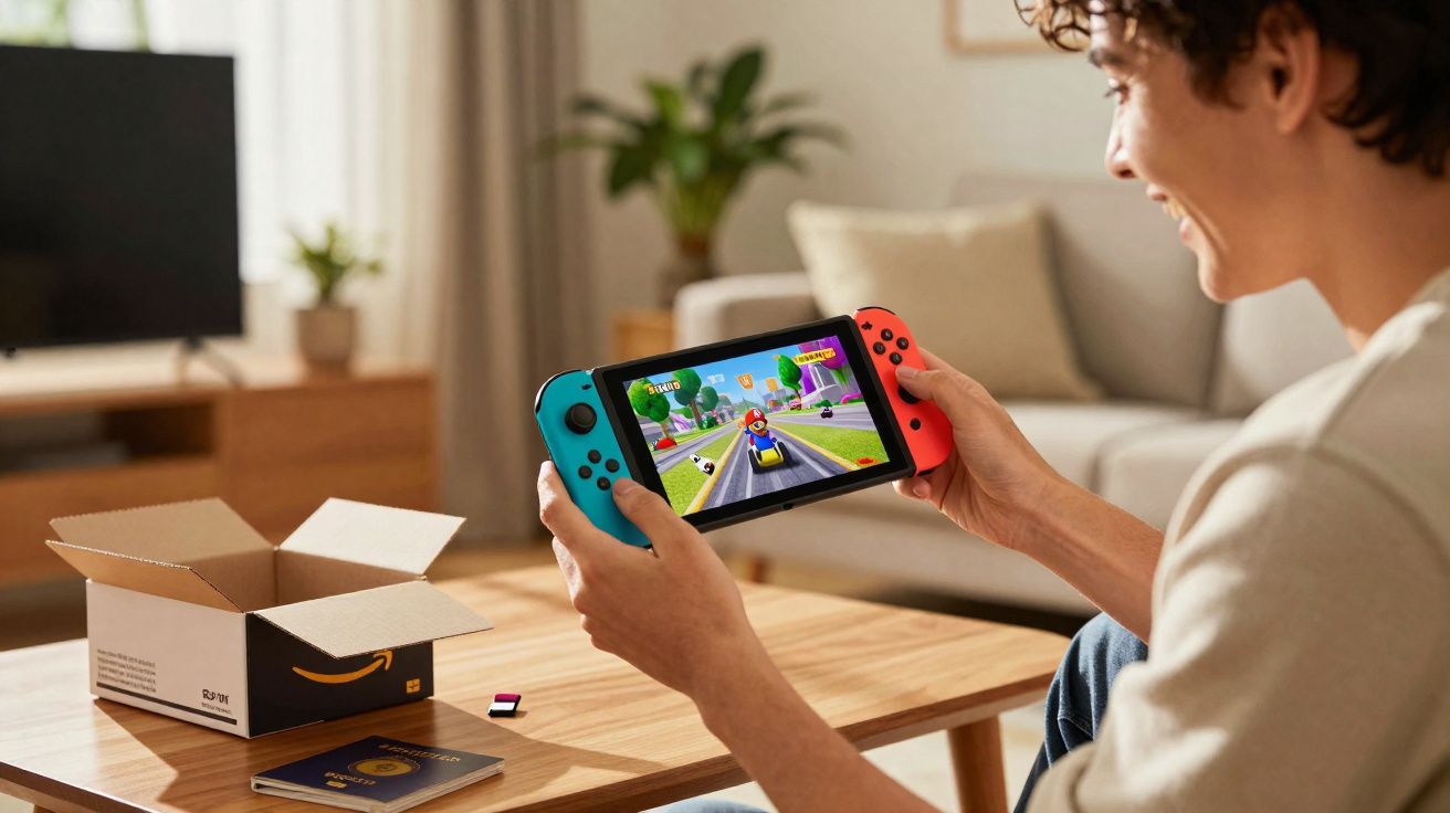 Pessoa jogando Mario Kart em um console Nintendo Switch em sala de estar moderna.