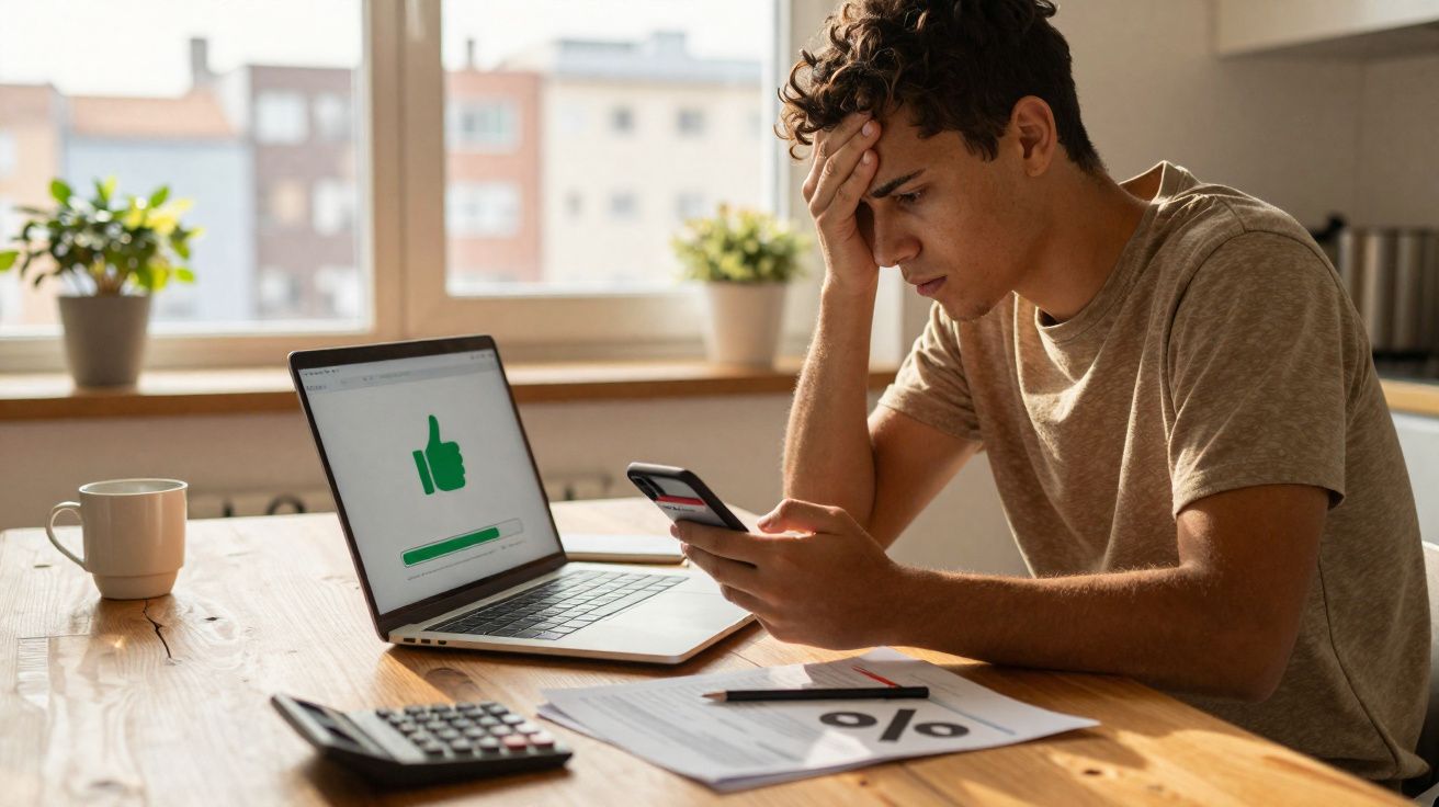 Jovem preocupado olhando para celular sentado à mesa com laptop, papel de porcentagem e calculadora.