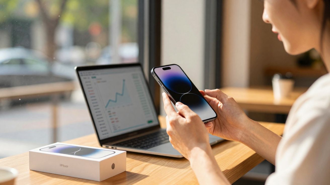 Pessoa segurando um smartphone novo perto da caixa do aparelho e de um laptop com gráficos abertos.