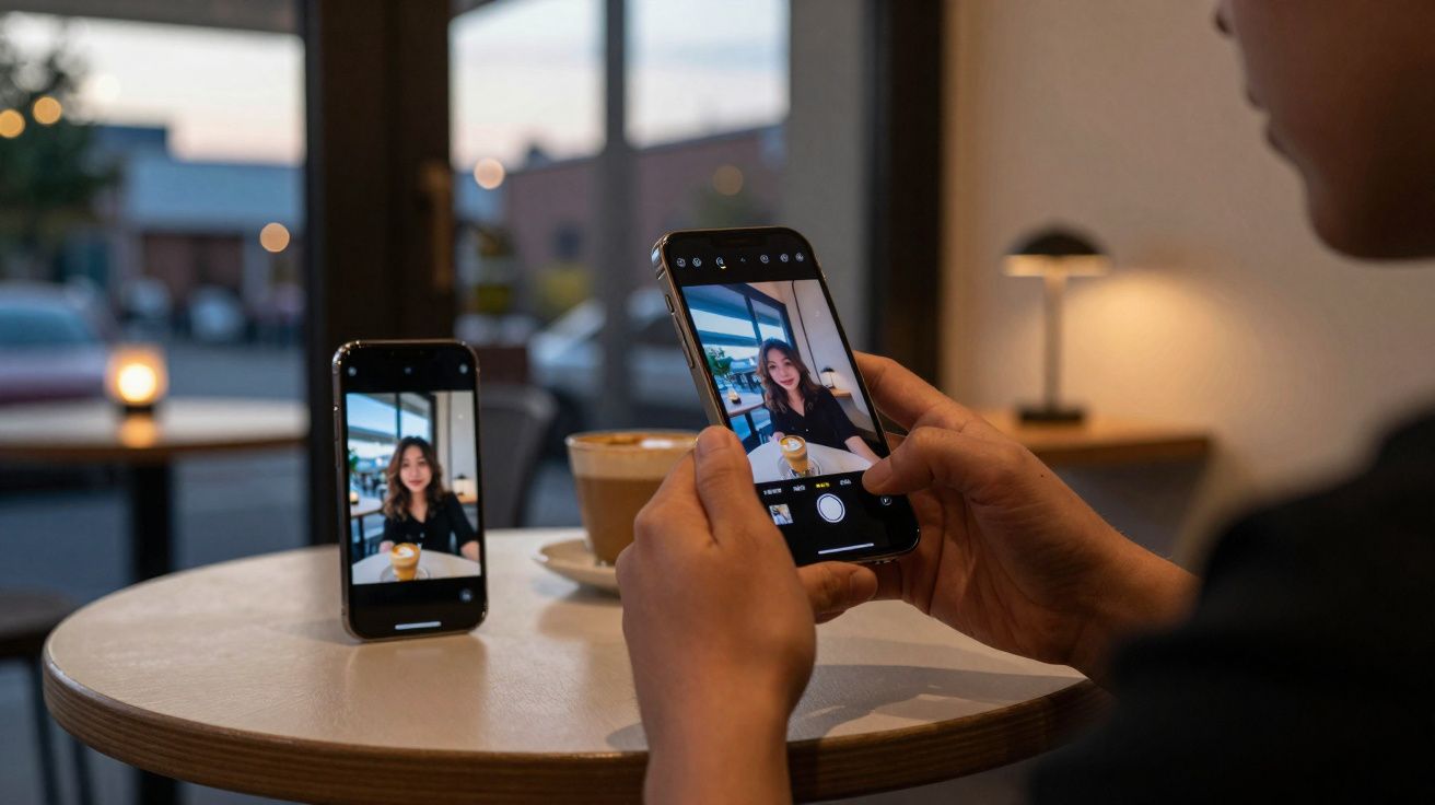Pessoa tirando selfie com smartphone em mesa de café com outra tela exibindo a foto.